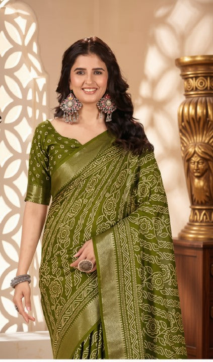 Elegant Olive Green Bandhani Print Dola Silk Saree