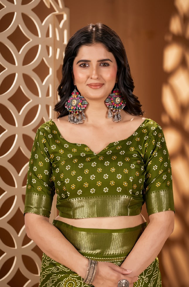 Elegant Olive Green Bandhani Print Dola Silk Saree