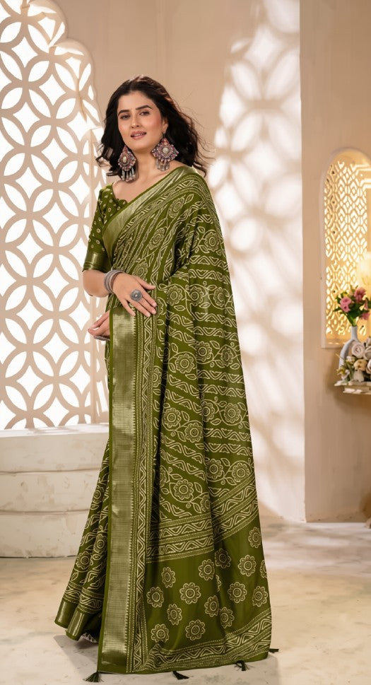Elegant Olive Green Bandhani Print Dola Silk Saree